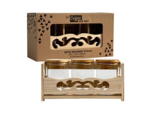 3 Piece Coffee Jar Set With Wooden Stand In Gift Box