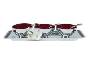 Alum Tray With 3 Rnd Bowls and Spoons Red Enamel 36X10Cm